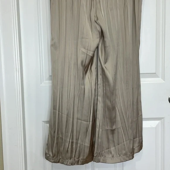 Zara Satin Pants Large Taupe Wide Leg Elastic Waist Lightweight Wrinkle Effect - Picture 13 of 16